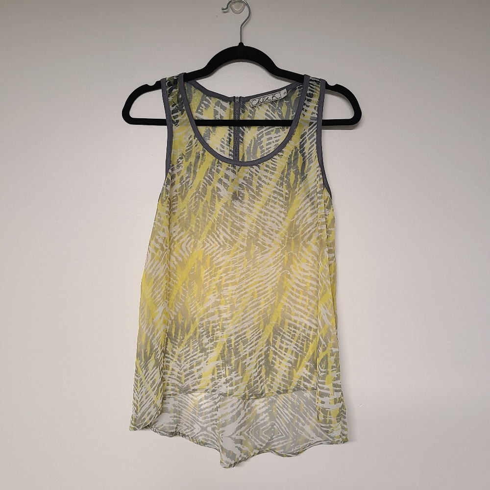 Chloe K Sheer Yellow Gray Hi-Lo Tank-top Zip Small